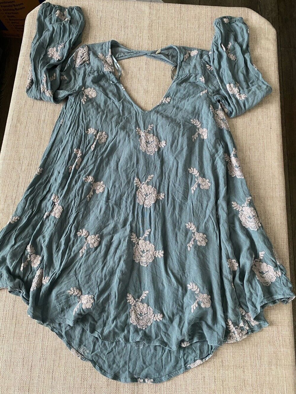 FREE PEOPLE Emma's Embroidered Dress in Misty Green Back Cut Out Detail XS TP